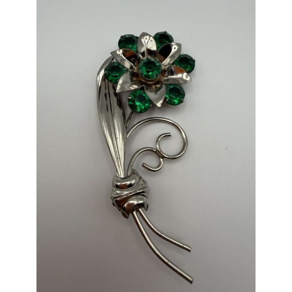 The Unbranded Brand Jewelry - Vintage Sterling Silver Emerald Green Rhinestone Flower Floral Brooch Pin 2.75in